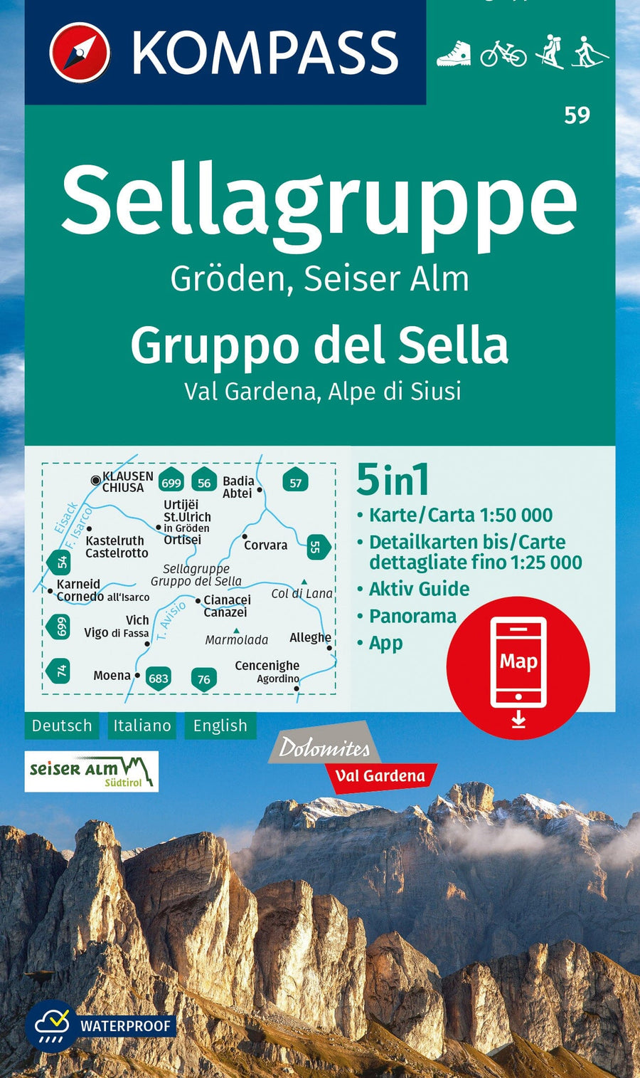 Carte de randonnée n° 59 - Sellagruppe, Gröden-Val Gardena (Italie) | Kompass carte pliée Kompass 
