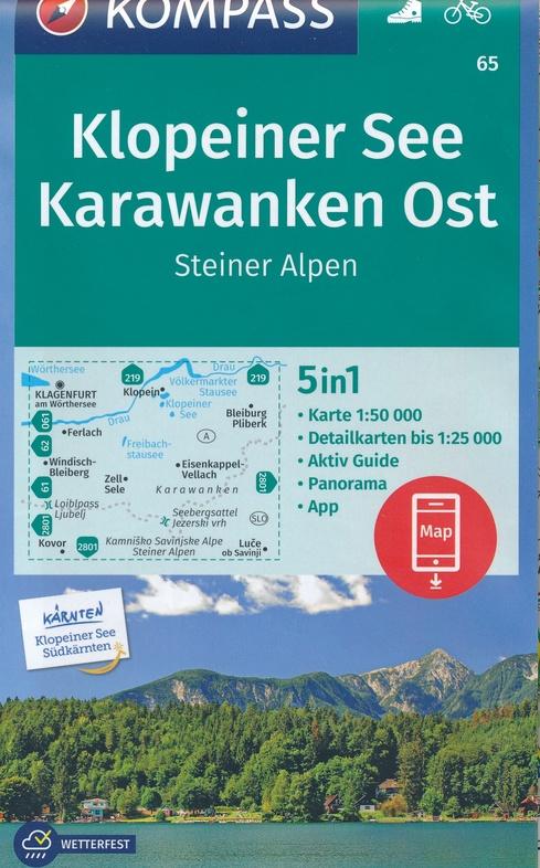 Carte de randonnée n° 65 - Klopeiner See, Karawanken Ost, Steiner Alpen (Alpes Kamniques) + Aktiv Guide (Tyrol, Autriche) | Kompass carte pliée Kompass 