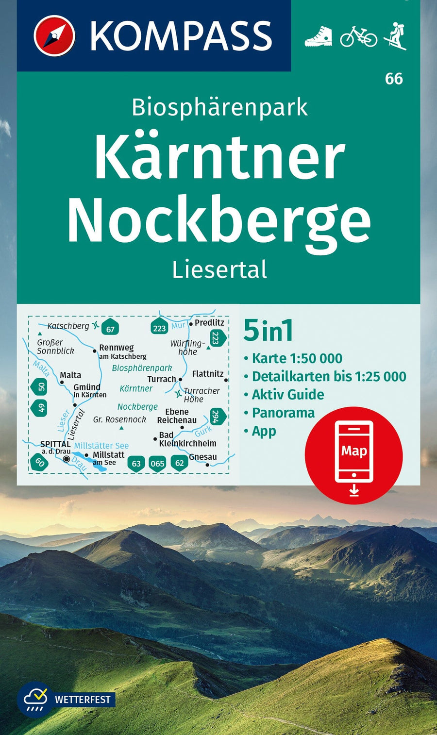 Carte de randonnée n° 66 - Kärnten Nockberge Biosphärenpark + Guide (Tyrol, Autriche) | Kompass carte pliée Kompass 