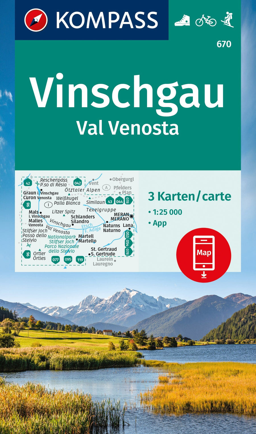Carte de randonnée n° 670 - Vinschgau / Val Venosta - lot de 3 cartes (Italie) | Kompass carte pliée Kompass 