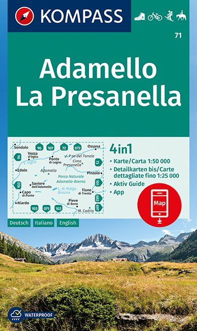 Carte de randonnée n° 71 - Adamello, La Presanella (Italie) | Kompass carte pliée Kompass 