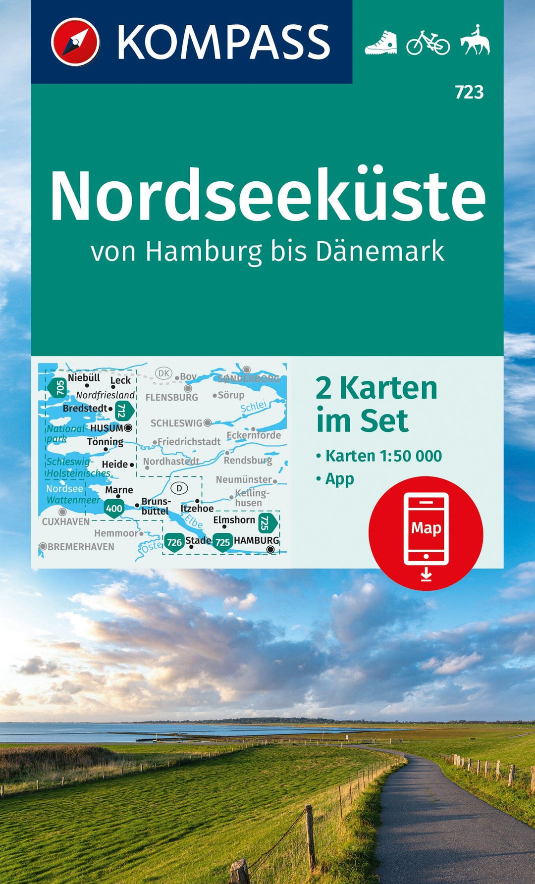 Carte de randonnée n° 723 - Côte de la mer du Nord, de Hambourg au Danemark (Allemagne) | Kompass carte pliée Kompass 