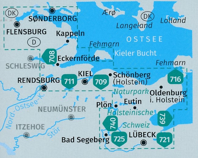 Carte de randonnée n° 724 - Mer Baltique, de Lübeck à Dänmark (Allemagne) | Kompass carte pliée Kompass 