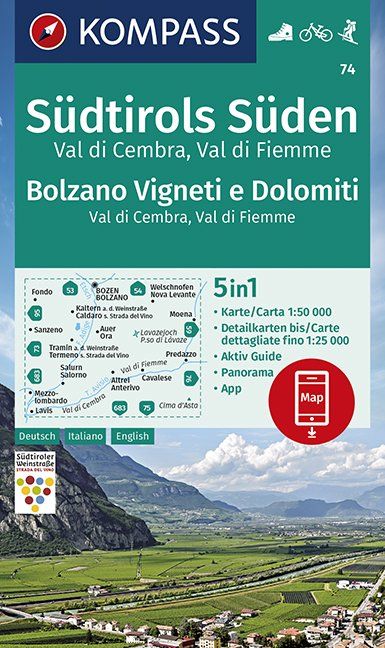 Carte de randonnée n° 74 - Sud Tyrol, Bolzano Vigneti et Dolomites (Italie) | Kompass carte pliée Kompass 