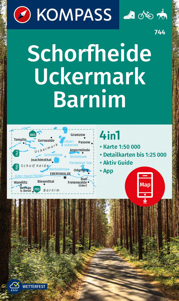 Carte de randonnée n° 744 - Schorfheide, Uckermark, Barnim (Allemagne) | Kompass carte pliée Kompass 