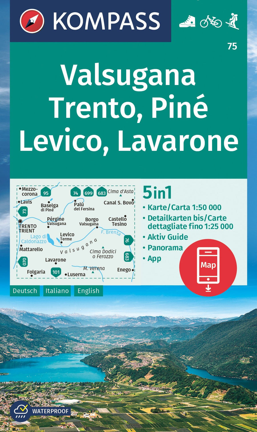 Carte de randonnée n° 75 - Valsugana, Trento, Piné, Levico, Lavarone + Aktiv Guide (Italie) | Kompass carte pliée Kompass 