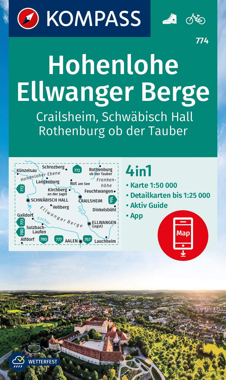 Carte de randonnée n° 774 - Hohenlohe, Ellwanger, Berge, Crailsheim, Schwäbisch Hall (Allemagne) | Kompass carte pliée Kompass 