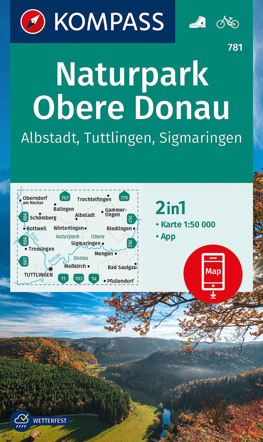 Carte de randonnée n° 781 - Obere Donau NP, Albstadt, Tuttlingen, Sigmaringen (Allemagne) | Kompass carte pliée Kompass 