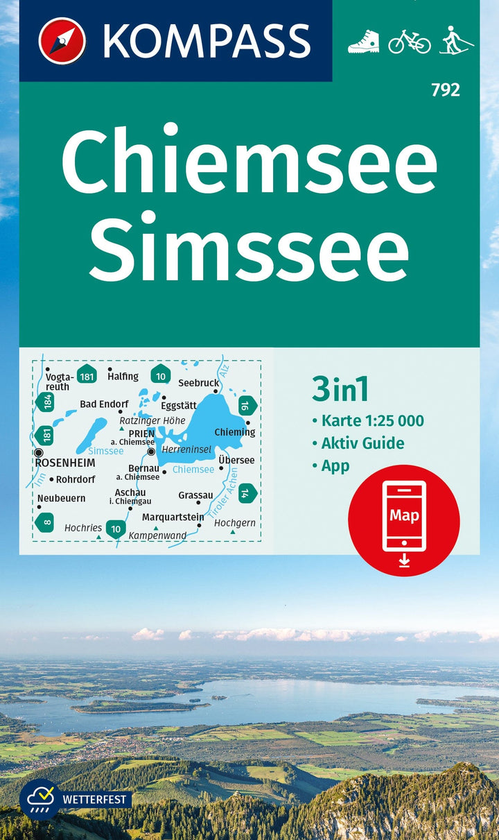Carte de randonnée n° 792 - Chiemsee, Simssee + Aktiv Guide (Allemagne) | Kompass carte pliée Kompass 