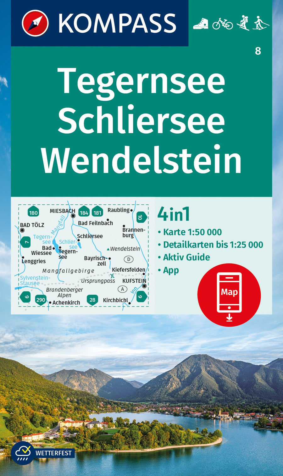 Carte de randonnée n° 8 - Tegernsee, Schliersee, Wendelstein + Aktiv Guide (Allemagne) | Kompass carte pliée Kompass 