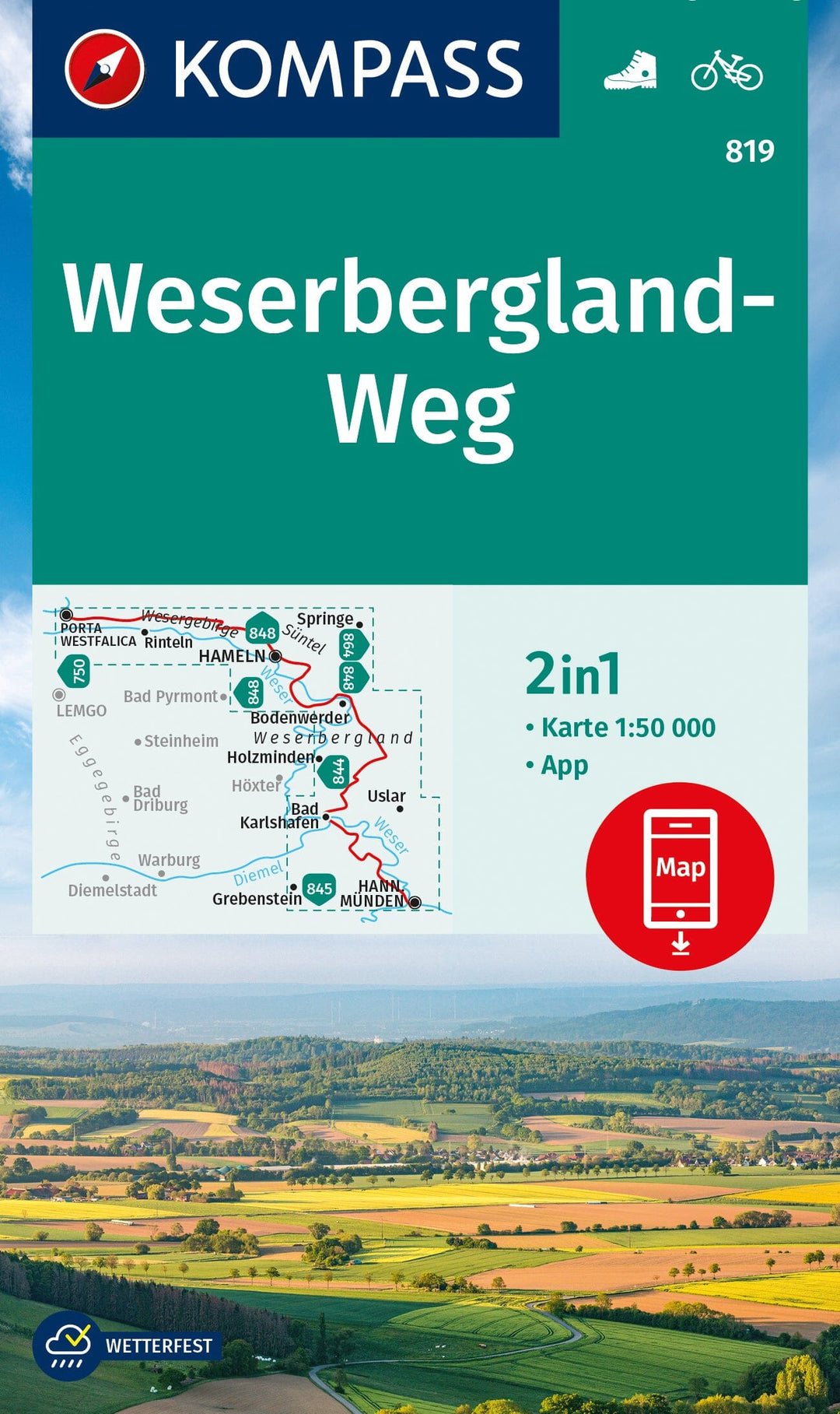Carte de randonnée n° 819 - Weserbergland Weg (Allemagne) | Kompass carte pliée Kompass 