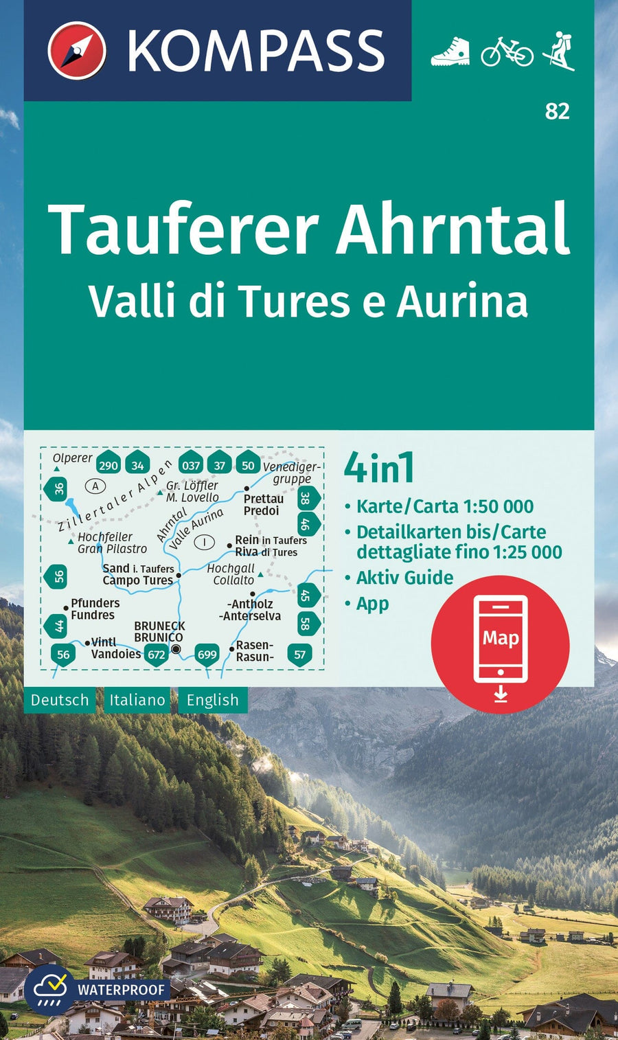 Carte de randonnée n° 82 - Tauferer Ahrntal, Valli di Tures e Aurina (Italie) | Kompass carte pliée Kompass 