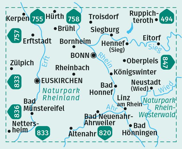 Carte de randonnée n° 822 - Bonn, Siebengebirge, Ahrtal (Allemagne) | Kompass carte pliée Kompass 