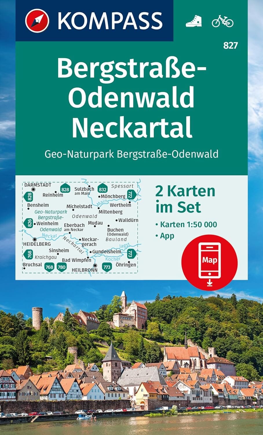 Carte de randonnée n° 827 - Bergstrasse Odenwald, Neckartal 2-set + APP (Allemagne) | Kompass carte pliée Kompass 
