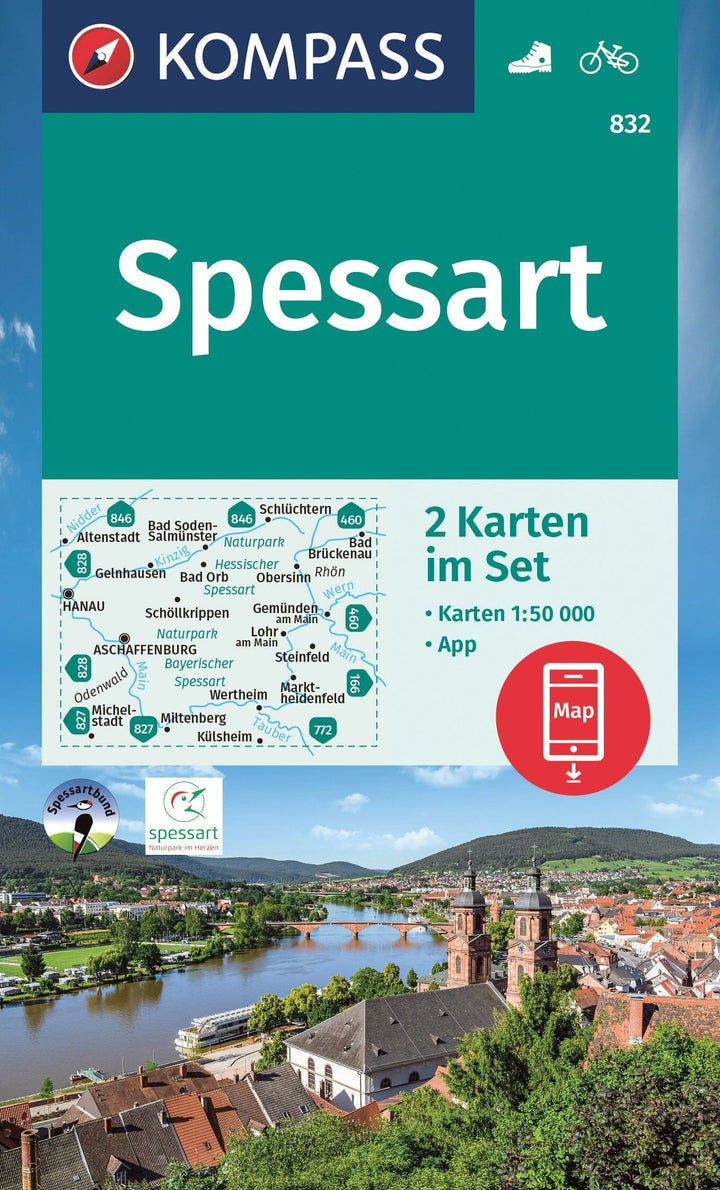 Carte de randonnée n° 832 - Spessart 2-set + Aktiv Guide (Allemagne) | Kompass carte pliée Kompass 