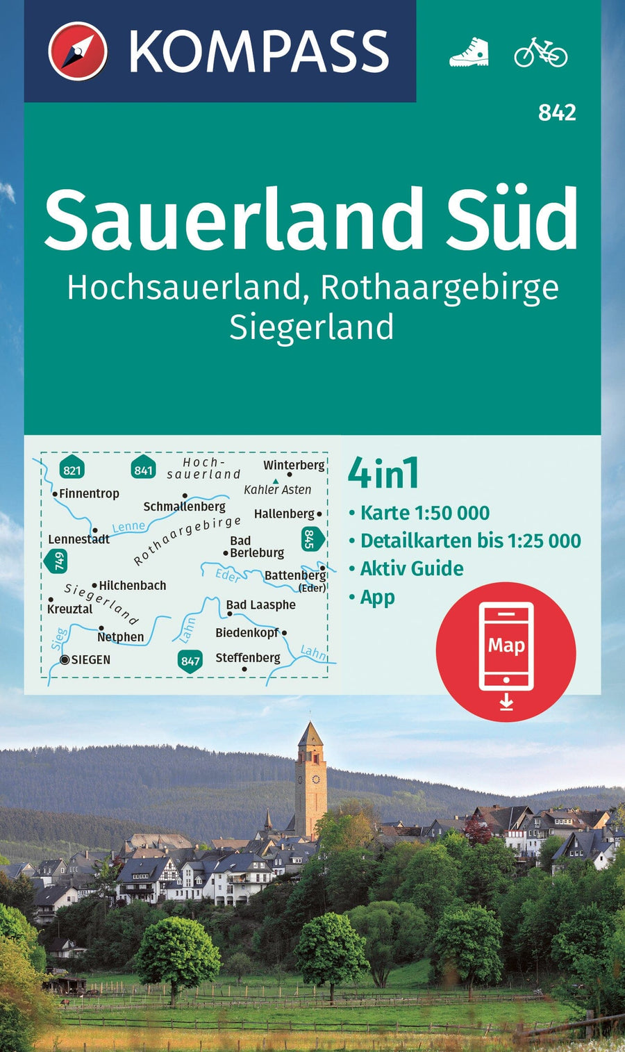 Carte de randonnée n° 842 - Sauerland 2 + Aktiv Guide (Allemagne) | Kompass carte pliée Kompass 