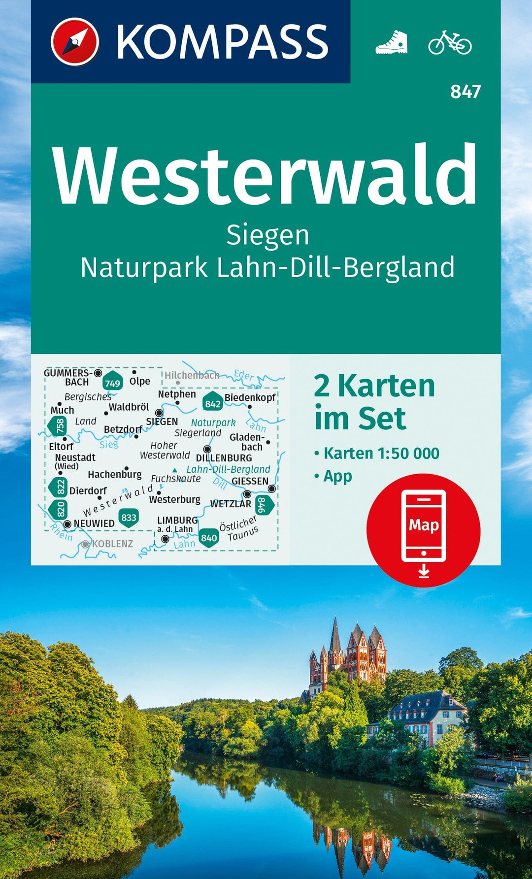 Carte de randonnée n° 847 - Westerwald, Siegen, Naturpark Lahn-Dill-Bergland (Allemagne) | Kompass carte pliée Kompass 