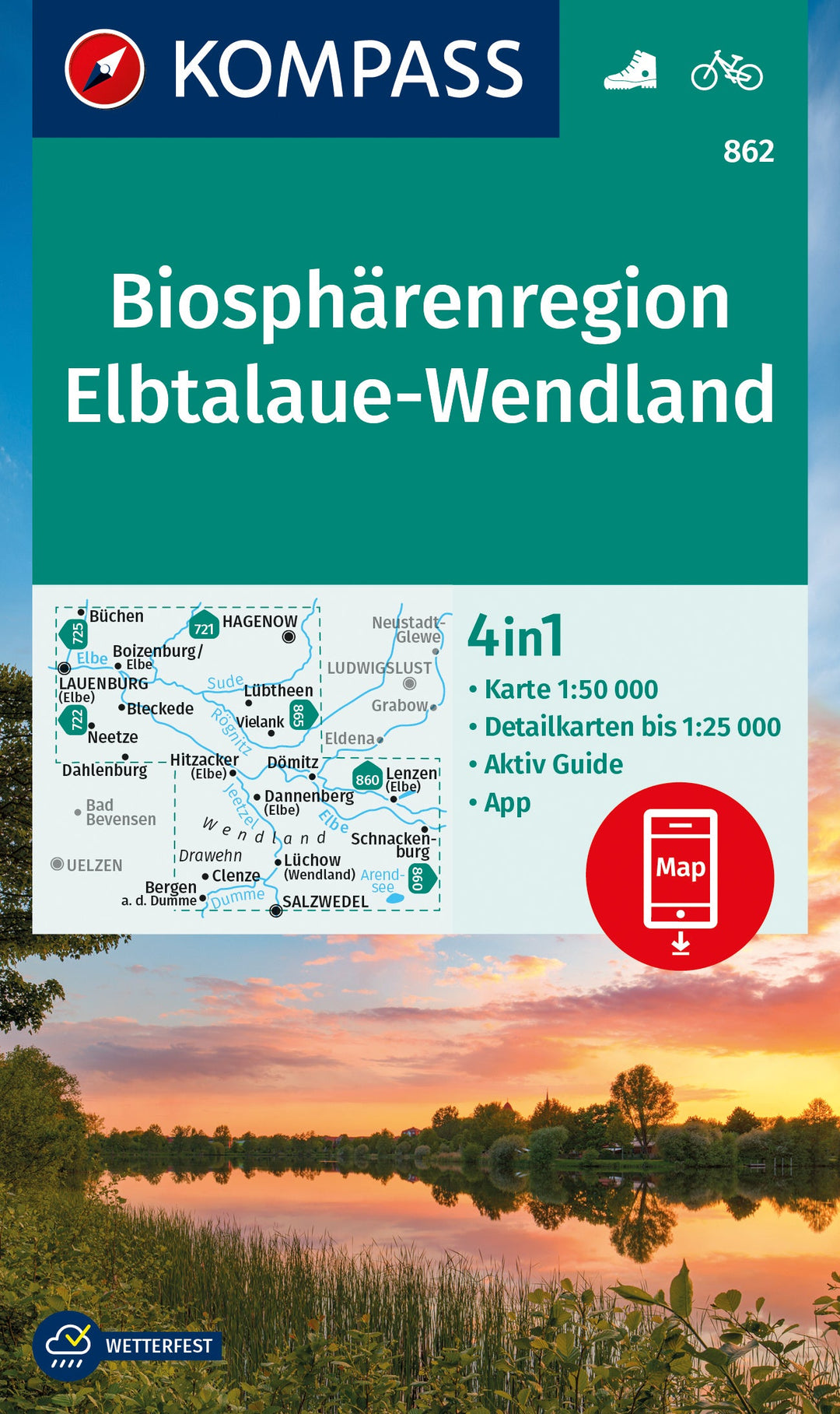 Carte de randonnée n° 862 - Biosphärenregion, Elbtalaue-Wendla (Allemagne) | Kompass carte pliée Kompass 