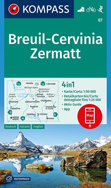 Carte de randonnée n° 87 - Breuil, Cervinia, Zermatt (Italie, Suisse) | Kompass carte pliée Kompass 