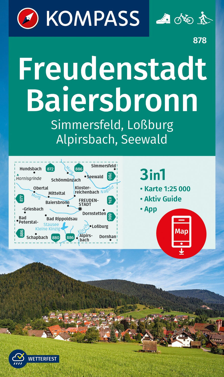 Carte de randonnée n° 878 - Freudenstadt, Baiersbronn, Simmersfeld, Lossburg, Alpirsbach (Allemagne) | Kompass carte pliée Kompass 