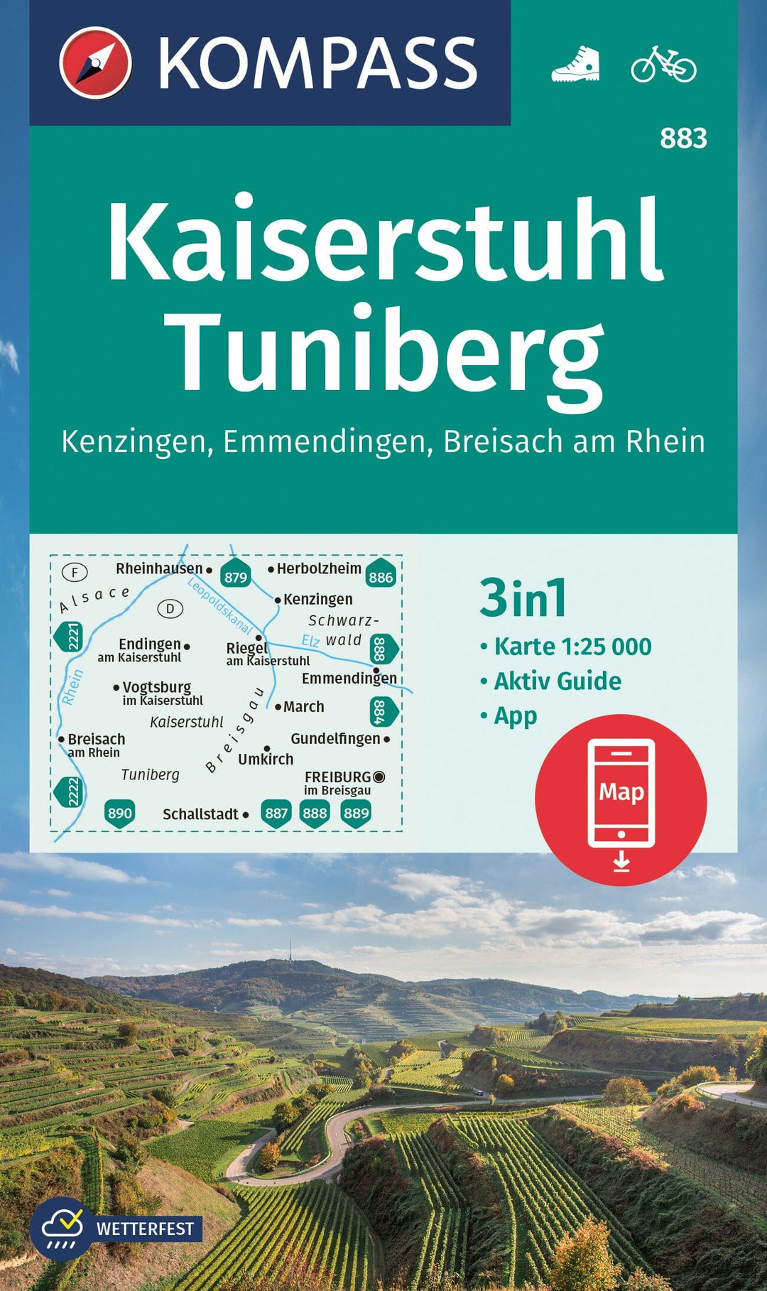 Carte de randonnée n° 883 - Kaiserstuhl, Tuniberg (Allemagne) | Kompass carte pliée Kompass 