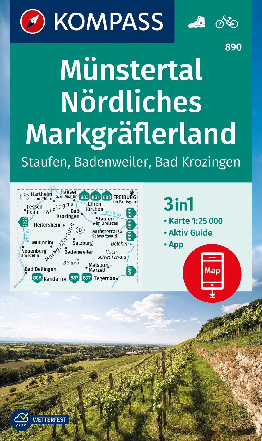 Carte de randonnée n° 890 - Münstertal, Nördliches Markgräflerland (Allemagne) | Kompass carte pliée Kompass 