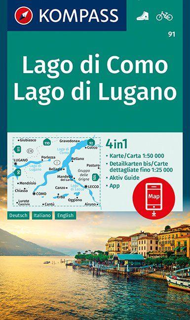 Carte de randonnée n° 91 - Lago di Como, Lugano + Aktiv Guide (Italie, Suisse) | Kompass carte pliée Kompass 