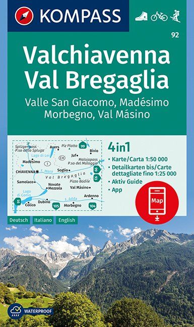 Carte de randonnée n° 92 - Valchiavenna - Val Bregaglia (Italie, Suisse) | Kompass carte pliée Kompass 