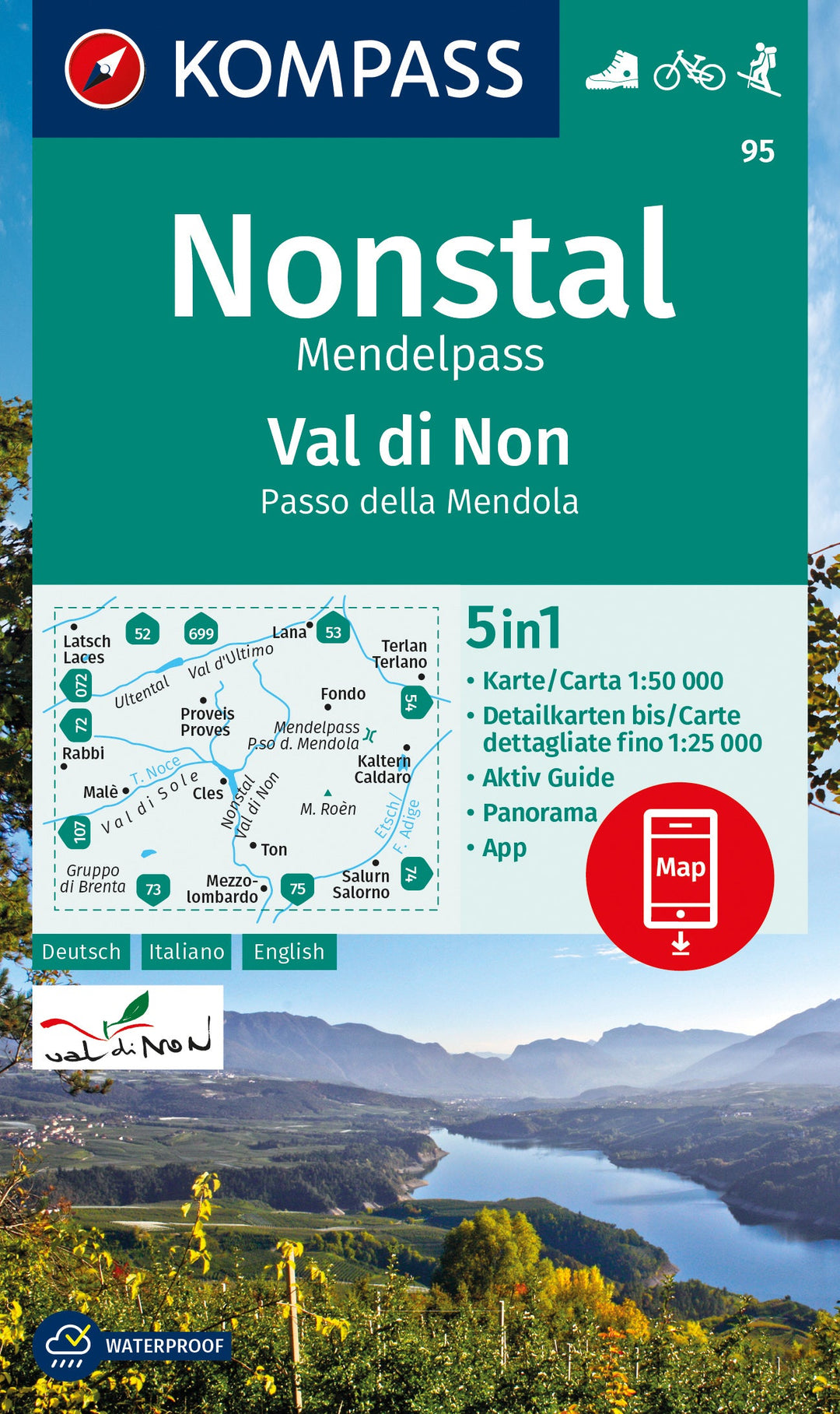Carte de randonnée n° 95 - Nonstal, Val di Non, Mendelpass (Trentin-Haut-Adige, Italie) | Kompass carte pliée Kompass 