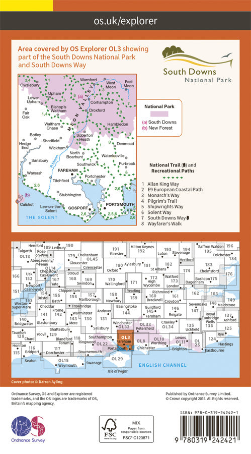 Carte de randonnée n° OL003 - Meon Valley, Portsmouth, Gosport & Fareham areas (Grande Bretagne) | Ordnance Survey - Explorer carte pliée Ordnance Survey 