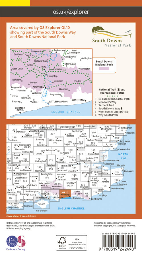Carte de randonnée n° OL010 - Arundel, Pulborough, Worthing (Grande Bretagne) | Ordnance Survey - Explorer carte pliée Ordnance Survey 