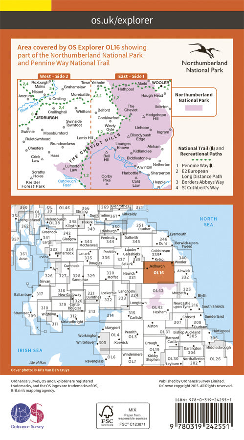 Carte de randonnée n° OL016 - Cheviot Hills (Grande Bretagne) | Ordnance Survey - Explorer carte pliée Ordnance Survey 