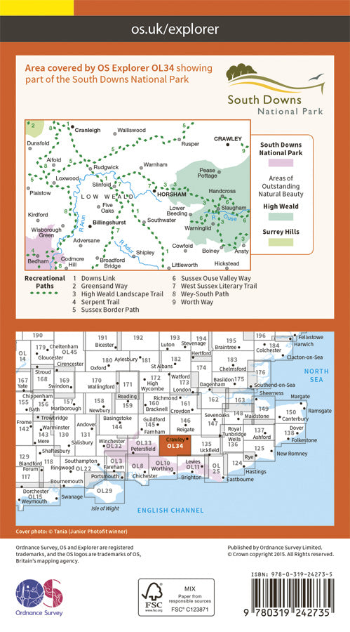 Carte de randonnée n° OL034 - Crawley, Horsham, Cranleigh, Billinghurst (Grande Bretagne) | Ordnance Survey - Explorer carte pliée Ordnance Survey 