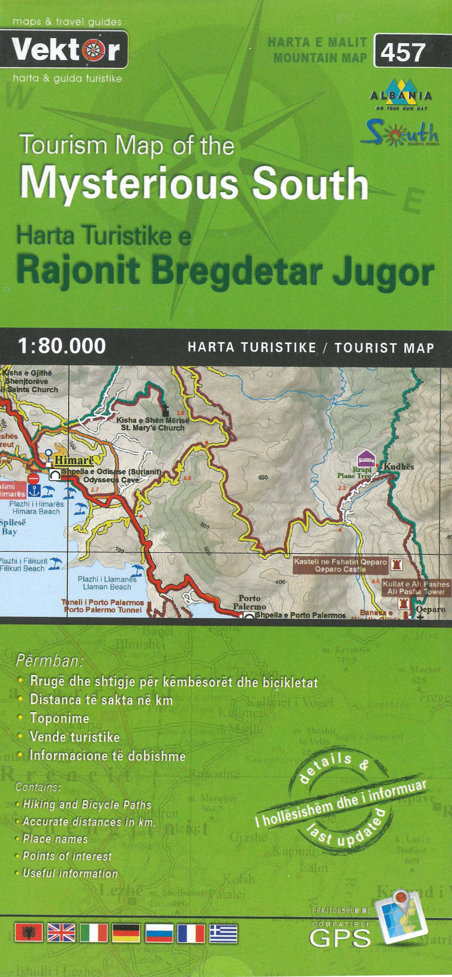Carte de randonnée - Rajonit Bregdetar Jugor - Mysterious South (Albanie), n° 457 | Vektor carte pliée Vektor 