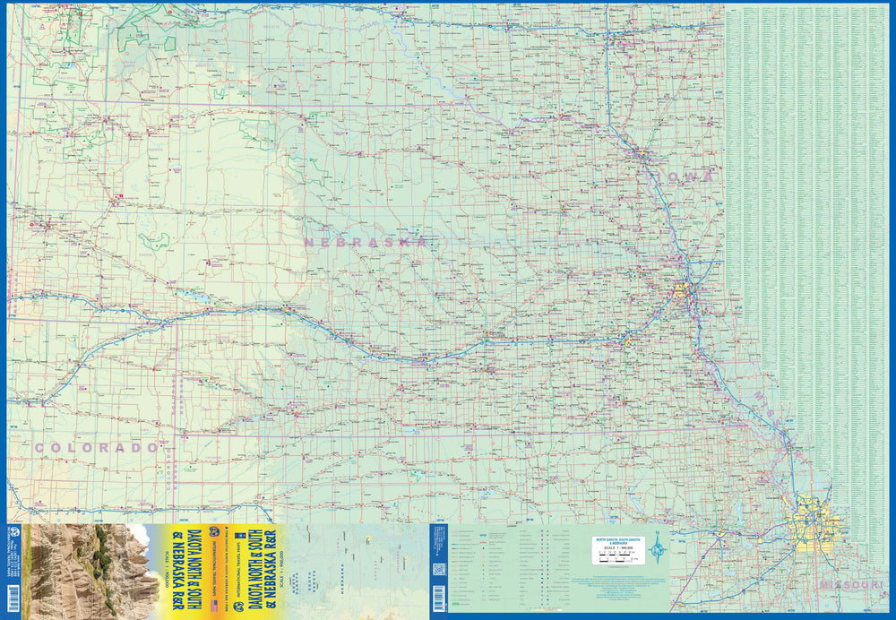 Carte de voyage - Dakota du Nord, Dakota du Sud & Nebraska (routes et chemins de fer) | ITM carte pliée ITM 