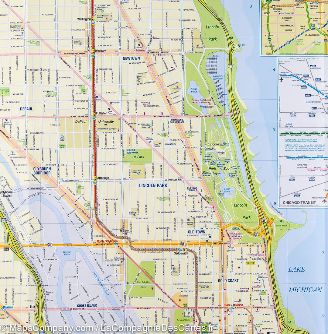 Carte de voyage - Lac Michigan & Plan détaillé de Chicago | ITM carte pliée ITM 