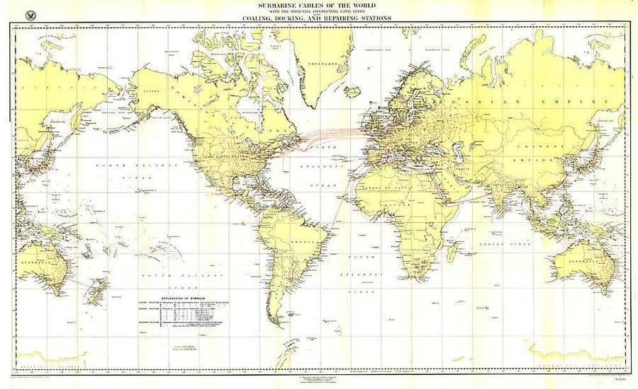 1896 Submarine Cables of the World Map Wall Map 