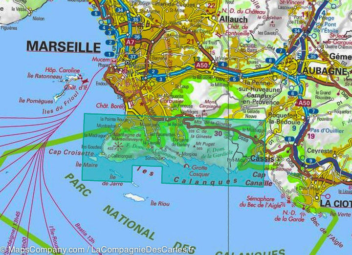 Carte détaillée des Calanques (de Marseille à Cassis) | IGN - La Compagnie des Cartes