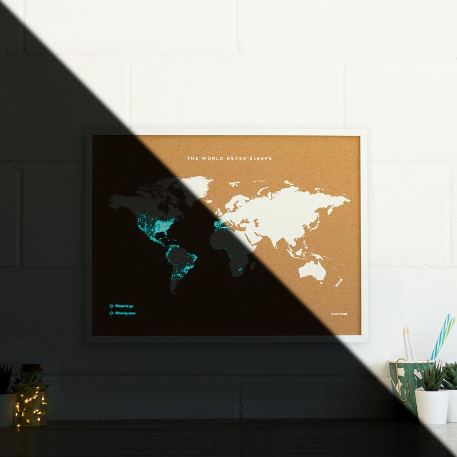 Carte du monde en liège fluorescente - 60 x 45 cm | Miss Wood carte murale petit tube Miss Wood 