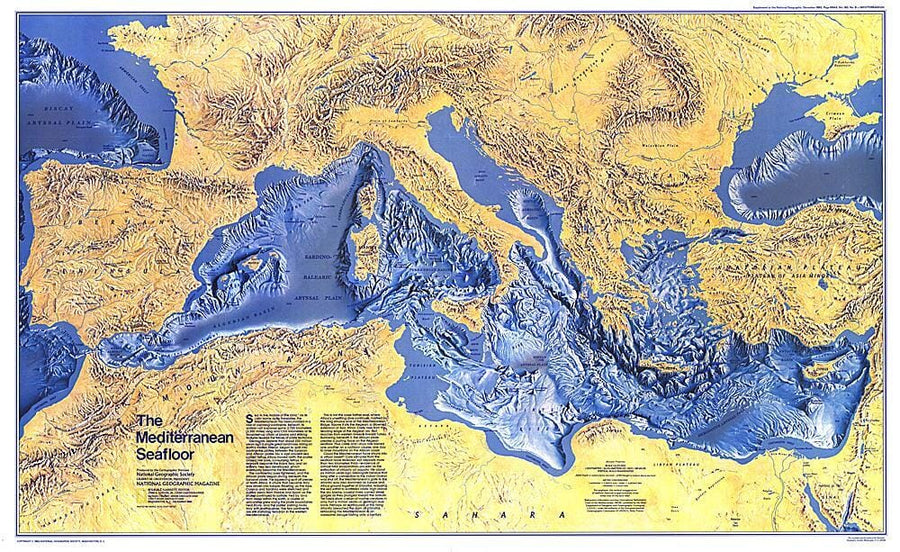1982 Mediterranean Seafloor Map Wall Map 