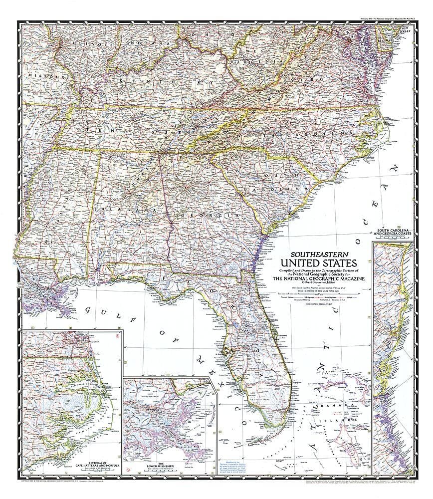 1947 Southeastern United States Map Wall Map 
