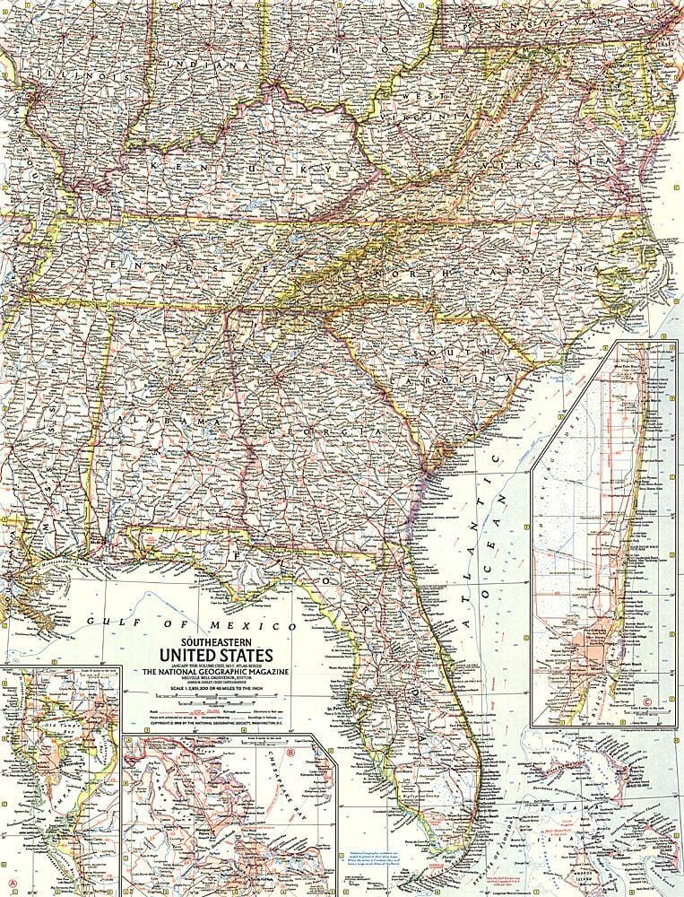 1958 Southeastern United States Map Wall Map 