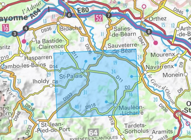 Carte IGN série bleue n° 1445 SB - Mauléon Licharre, St-Palais (Pyrénées) carte pliée IGN 