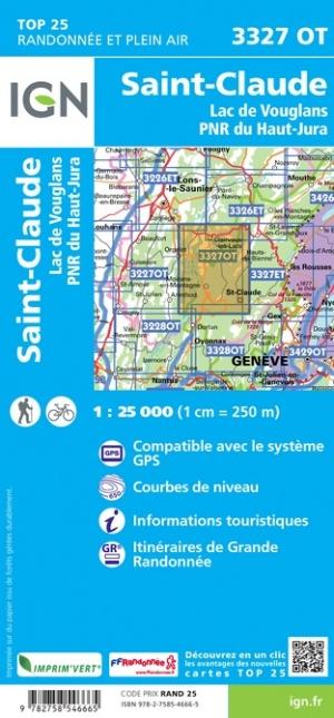 Carte IGN TOP 25 n° 3327 OT - St-Claude & lac de Vouglans (PNR du Haut Jura) carte pliée IGN 