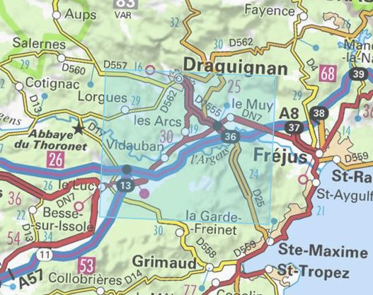 Carte IGN TOP 25 n° 3544 OT - Muy, Lorgues, Montagne de Roquebrune & Massif des Maures carte pliée IGN 