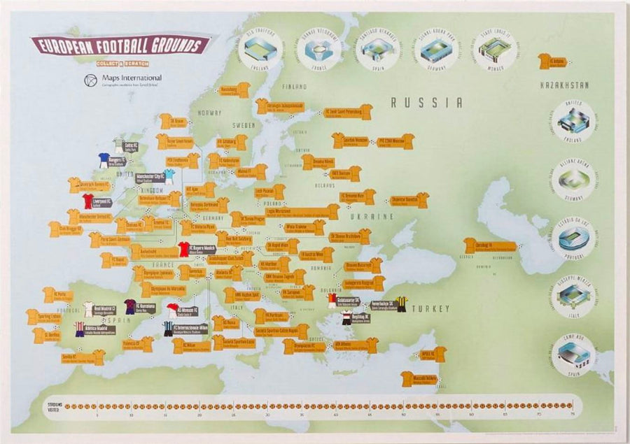 Carte murale à gratter (en anglais) - European Football Grounds | Maps International carte murale petit tube Maps International 