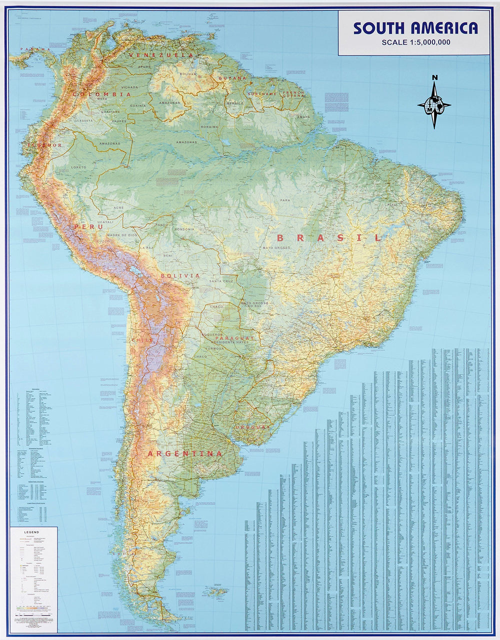 Carte murale (en anglais) - Amérique du Sud physique, avec lattes de maintien | ITM carte murale petit tube Maps International 
