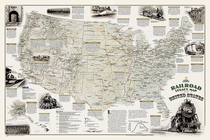 Carte murale (en anglais) - Les voies de chemin de fer aux USA | National Geographic carte murale petit tube National Geographic Papier 