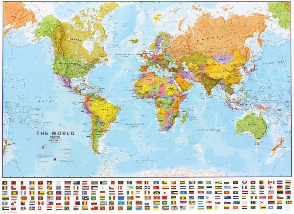 Carte murale (en anglais) - Monde politique (avec drapeaux) | Maps International carte murale petit tube Maps International 136 x 100 cm Papier 