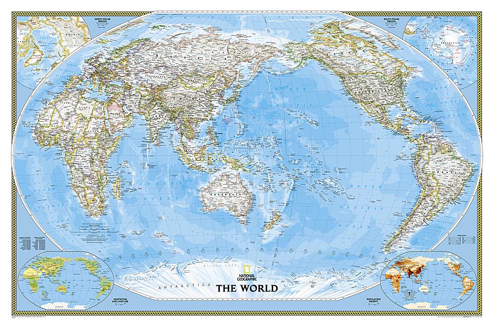 Carte murale (en anglais) - Monde politique centré sur le Pacifique (en anglais), format standard | National Geographic carte murale petit tube National Geographic Papier 